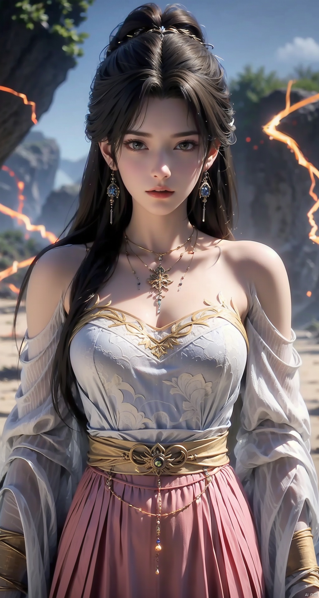  1girl,Bangs, off shoulder, colorful_hair, ((colorful hair)),golden dress, yellow eyes, chest, necklace, pink dress, earrings, floating hair, jewelry, sleeveless, very long hair,Looking at the observer, parted lips, pierced,energy,electricity,magic,tifa,sssr,blonde hair,jujingyi, wangyushan, dofas, 1 girl，Above calf，Red foot rope，