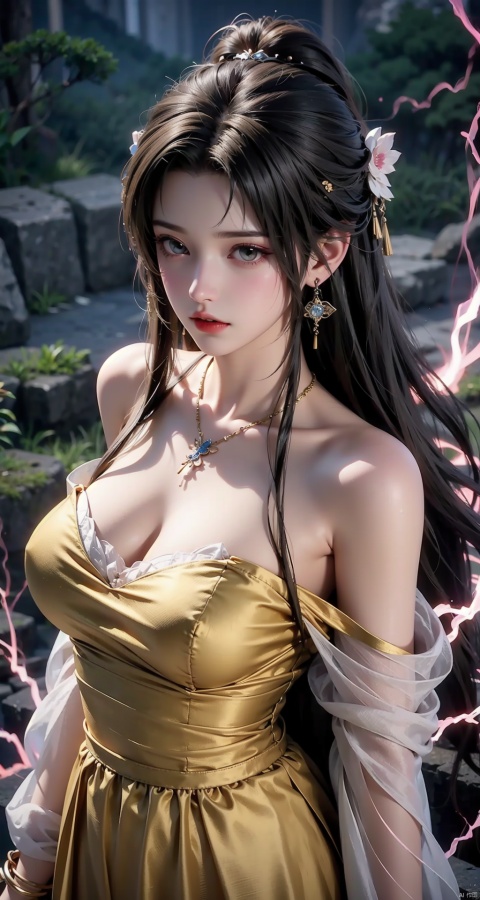  1girl,Bangs, off shoulder, colorful_hair, ((colorful hair)),golden dress, yellow eyes, chest, necklace, pink dress, earrings, floating hair, jewelry, sleeveless, very long hair,Looking at the observer, parted lips, pierced,energy,electricity,magic,tifa,sssr,blonde hair,jujingyi, wangyushan, dofas, 1 girl,Above calf