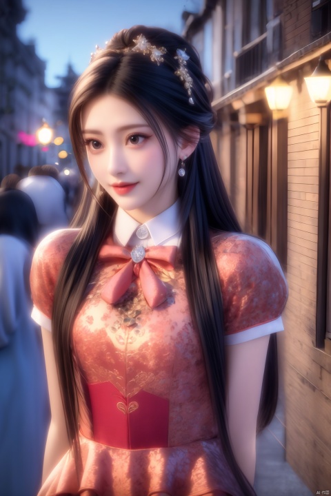 best quality, masterpiece, 1girl, solo, smile, black hair, long hair, standing, cowboy shot, cyb dress, dress, pink dress, layered dress, frilled dress, short sleeves, ribbon, bowtie, frills, bow, dress bow, heart symbol, hair bow, hair ornament, night, light, neon light, amusement park, people, detailed background, , 