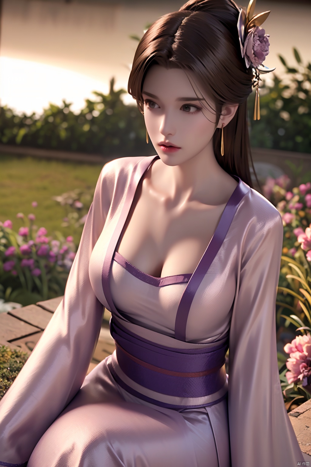  HDR, UHD, 8K, Highly detailed, best quality, masterpiece, 1girl, realistic, Highly detailed, (EOS R8, 50mm, F1.2, 8K, RAW photo:1.2), ultra realistic 8k cg,1girl,solo,long hair,brown hair,hair ornament,dress,brown eyes,jewelry,earrings,wide sleeves,sash,chinese clothes,realistic,hanfu,solo focus,peafect body,Bangs,Sidelocks,Bright eyes,big eyes,detailed eyes,beautiful eyes,hair ornament,hair flower,choker,[loli],,outdoors,water,flower, in the ((sea of flowers)), flower field,meadow,beautiful detailed sky,feather,nature,(sunlight), moist skin, shiny skin, glossy skin, (best illumination, best shadow, extremely delicate and beautiful), perfect lighting, original, highres, dynamic angle, floating,depth of field, caustics,lens flare,warm lighting,(official art,beautiful and aesthetic:1.2),beautiful face, ultra detailed eyes, looking_at_viewer,kind smile,((poakl)), Detail,glint,glowing,(Chest shot:1.4),sujieyu,Sitting,