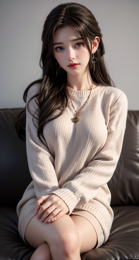  1girl, solo, long hair, looking at viewer, smile, bangs, simple background, brown hair, long sleeves, brown eyes, jewelry, sitting, very long hair, closed mouth, thighs, earrings, grey background, sweater, bare legs, feet out of frame, couch, between legs, v arms, hand between legs, white sweater, on couch, sweater dress, cable knit, aran sweater