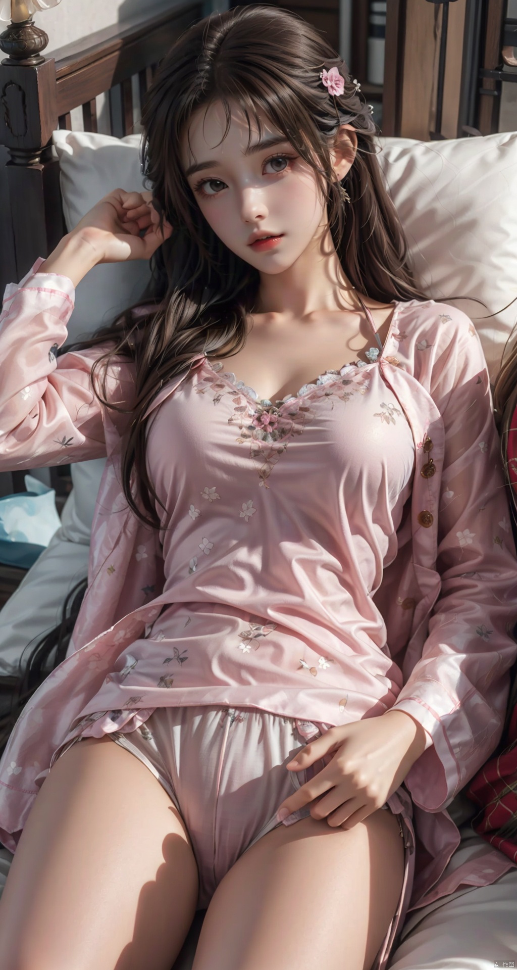  Sleeping girl,22 years old,realistic,she is wearing long pants,she is wearing pink pajama,brown hair