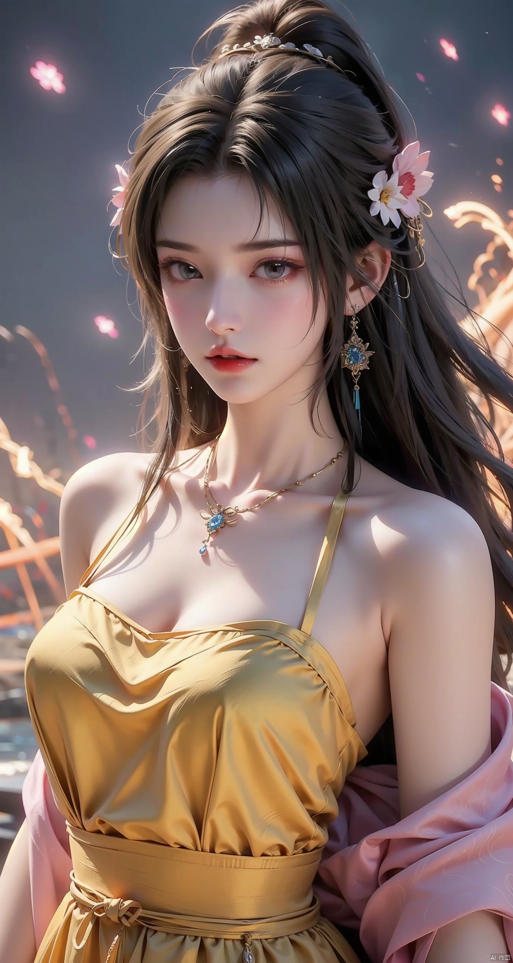  1girl,Bangs, off shoulder, colorful_hair, ((colorful hair)),golden dress, yellow eyes, chest, necklace, pink dress, earrings, floating hair, jewelry, sleeveless, very long hair,Looking at the observer, parted lips, pierced,energy,electricity,magic,tifa,sssr,blonde hair,jujingyi, wangyushan, dofas, 1 girl