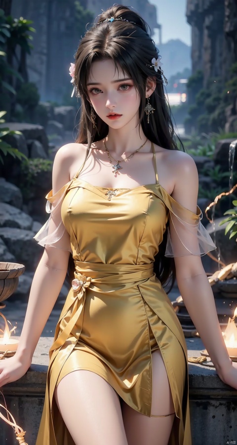  1girl,Bangs, off shoulder, colorful_hair, ((colorful hair)),golden dress, yellow eyes, chest, necklace, pink dress, earrings, floating hair, jewelry, sleeveless, very long hair,Looking at the observer, parted lips, pierced,energy,electricity,magic,tifa,sssr,blonde hair,jujingyi, wangyushan, dofas, 1 girl，Above calf，Red foot rope，