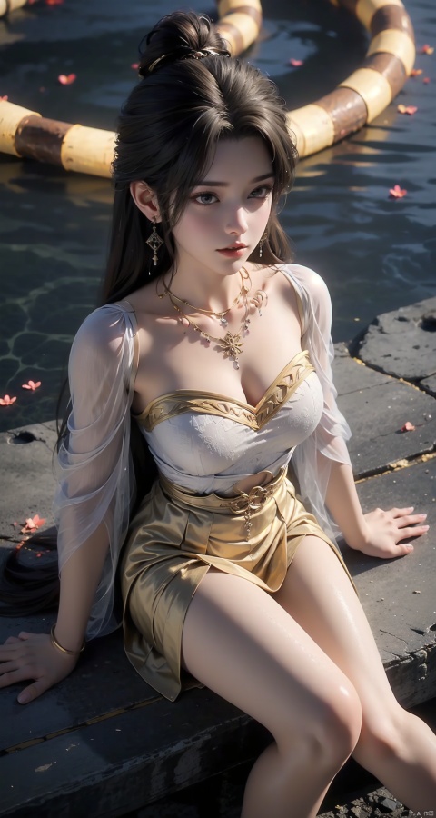  1girl,Bangs, off shoulder, colorful_hair, ((colorful hair)),golden dress, yellow eyes, chest, necklace, pink dress, earrings, floating hair, jewelry, sleeveless, very long hair,Looking at the observer, parted lips, pierced,energy,electricity,magic,tifa,sssr,blonde hair,jujingyi, wangyushan, dofas, 1 girl，(full - body:1.3)，Red foot rope