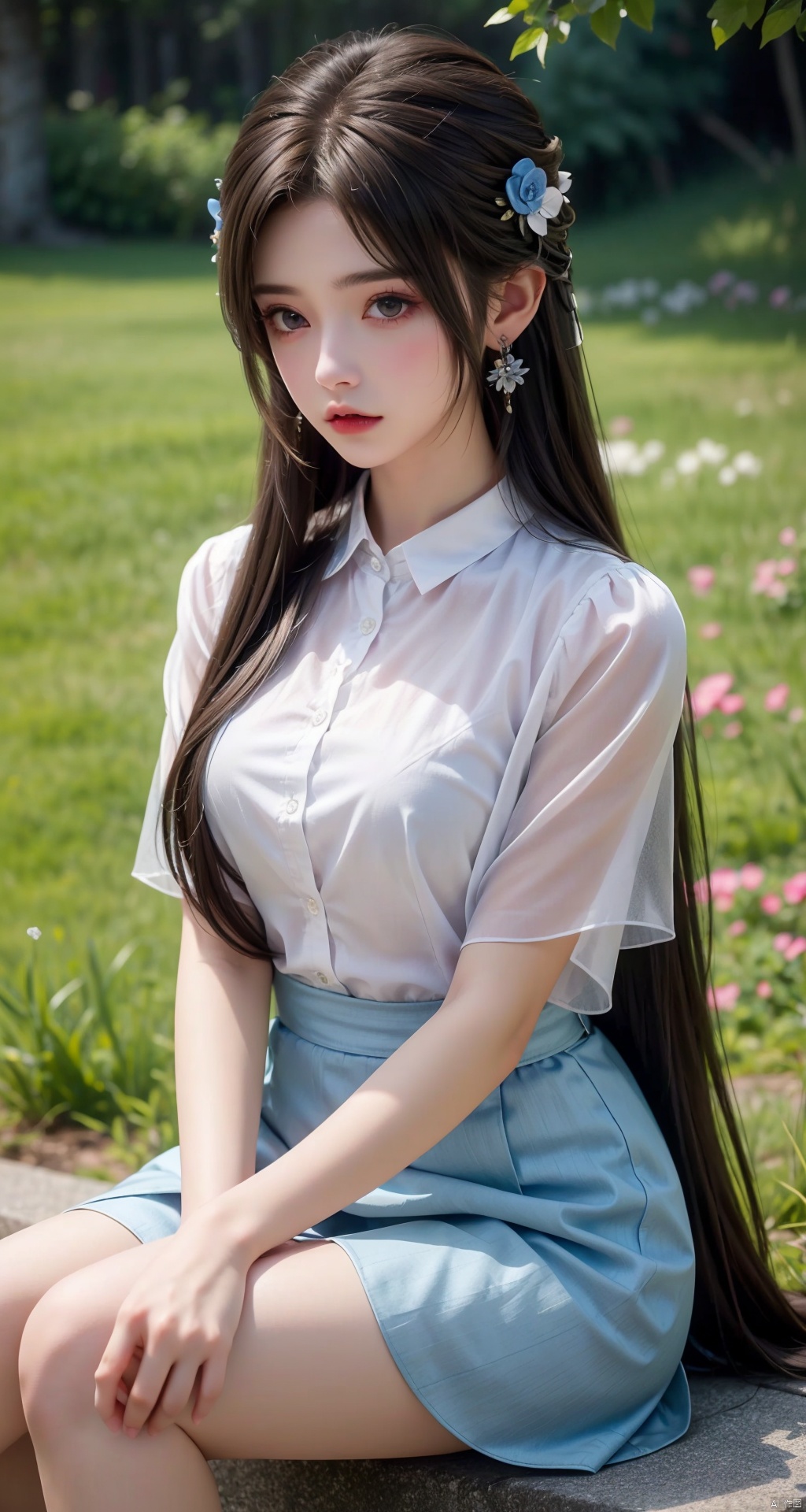1girl, solo, long hair, looking at viewer, skirt, brown hair, shirt, black hair, hair ornament, jewelry, sitting, white shirt, flower, short sleeves, earrings, outdoors, collared shirt, hair flower, blue skirt, see-through