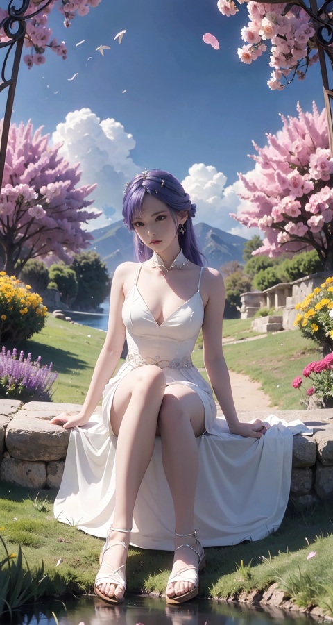  best quality, masterpiece, illustration, (reflection light), incredibly absurdres, ((Movie Poster),Color difference, purple hair,1girl, girl middle of flower, pure sky,clear sky, outside, collarbone, sitting, absurdly long hair, clear boundaries of the cloth, white dress, fantastic scenery, ground of flowers, thousand of flowers, colorful flowers, flowers around her, various flowers,bare shoulders,skirt, sandals,
