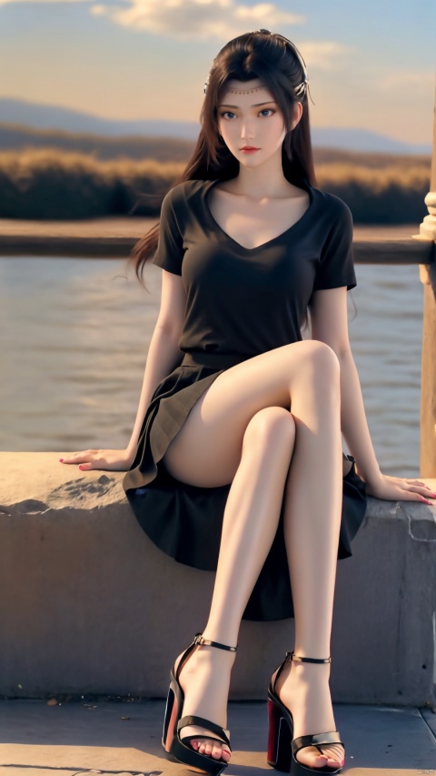  girl, single, long hair, looking at audience, skirt, brown hair, shirt, black hair, Blue eyes, sitting, mouth closed, collarbone, full body, Black shirt, short sleeve, pantyhose, outdoors, sky, day, miniskirt, Black skirt, nail polish, red shoes, blur,lips, blurred background, arm support, railing, red lips, peeping abdomen, DSLR, (good construction), ((Midnight,8K, Masterpiece: 1.3)), outdoors, full body, long legs, Focalors: 1. 2, perfect body beauty: 1. 4, slender abdomen: 1. 1,(Sit on a rock: 1.2) the highly fine facial and skin texture, fine eyes,girls, (((red high heel sandals))),(((toe nails))),(((toeless shoes))), thighs, details,Bare thighs, sexy thighs, proportional thighs,Sexy sitting posture, enchanting sitting posture,Leg focus, highlight long legs,Highlight the leg,(((leg spread))),(((Legs open))),