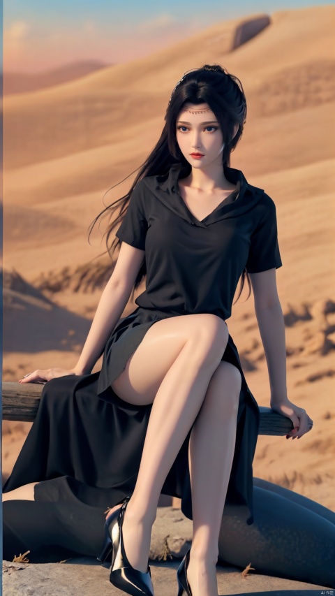  girl, single, long hair, looking at audience, skirt, brown hair, shirt, black hair, Blue eyes, sitting, mouth closed, collarbone, full body, Black shirt, short sleeve, pantyhose, outdoors, sky, day, miniskirt, Black skirt, nail polish, red shoes, blur,red high heels, lips, blurred background, arm support, railing, red lips, peeping abdomen, DSLR, (good construction), ((Midnight,8K, Masterpiece: 1.3)), outdoors, full body, long legs, Focalors: 1. 2, perfect body beauty: 1. 4, slender abdomen: 1. 1,(Sit on a rock: 1.2) the highly fine facial and skin texture, fine eyes,girls, high heels, toe nails,toeless shoes, thighs, details,Bare thighs, sexy thighs, proportional thighs,Sexy sitting posture, enchanting sitting posture,Leg focus, highlight long legs,Highlight the leg,