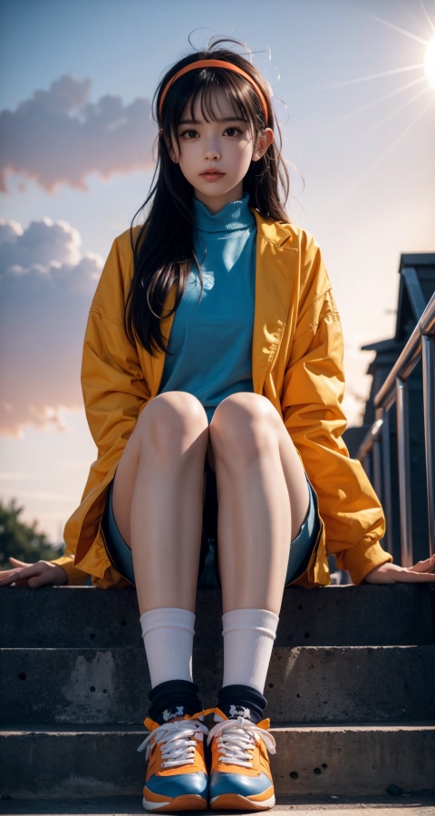  1girl,orange shoes,(solo:1.2),sitting,sky,outdoors,bird,upward view,blue sky,white socks,daytime,orange jacket,building,long sleeves,long hair,stairs,red headband,headband,bangs,cloudy sky,from_below,wide_shot,in (summer:1.2),(against backlight at dusk:1.4)