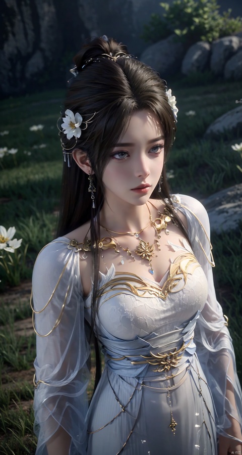  DaoTeGC,white dress,Epic CG masterpiece,hdr,dtm,8K,ultra detailed graphic tension,dynamic poses,stunning colors,3D rendering,surrealism,cinematic lighting effects,realism,00 renderer,super realistic,super vista,HD,DaoTeGC,jewelry,flower,detached sleeves,floating hair,white dress, Hanama wine, midjourney, BJ_Violent_graffiti, yunqing, 30710