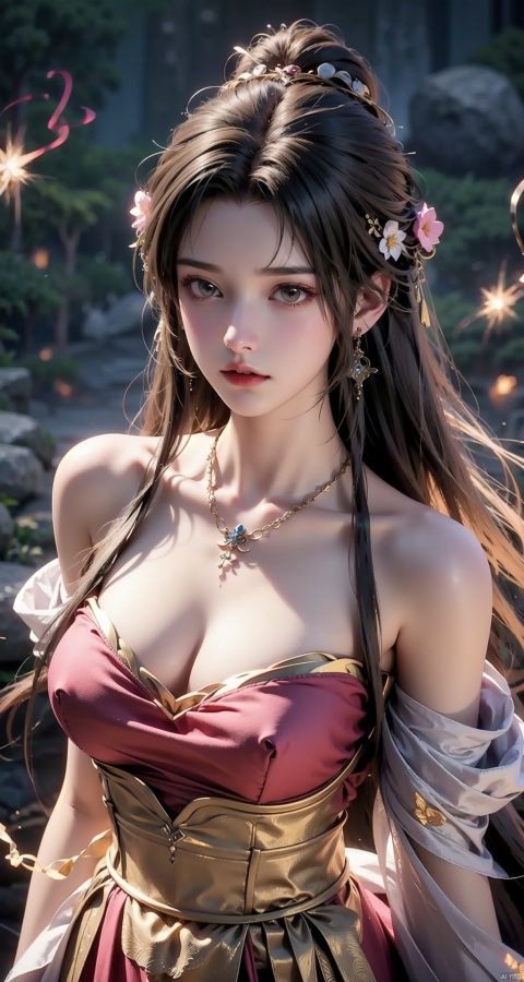  1girl,Bangs, off shoulder, colorful_hair, ((colorful hair)),golden dress, yellow eyes, chest, necklace, pink dress, earrings, floating hair, jewelry, sleeveless, very long hair,Looking at the observer, parted lips, pierced,energy,electricity,magic,tifa,sssr,blonde hair,jujingyi, wangyushan, dofas, 1 girl,Above calf