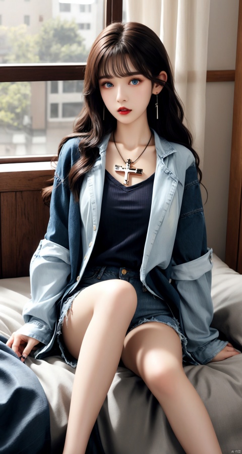 girl, solo, long hair, chest, audience gaze, bangs, blue eyes, skirt, shirt, long sleeves, holding, jewelry, sitting, blue hair, thighs, earrings, lips, shorts, indoors, medium hair, necklace, nail polish, pillow, black shirt, window, makeup, foot out of the frame, lying on bed, cross legs, cross, denim, sofa, denim shorts, cross necklace, cosmetics, lipstick tube