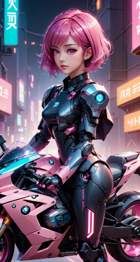  anime artwork of a girl\(cyberpunk, mecha\) with motorcycle\(BMW Motorrad VISION NEXT 100\), full body, Pink parted short hair, pink eyes, imperious, cyberpunk, dramatic, key visual, vibrant, highly detailed, holographic