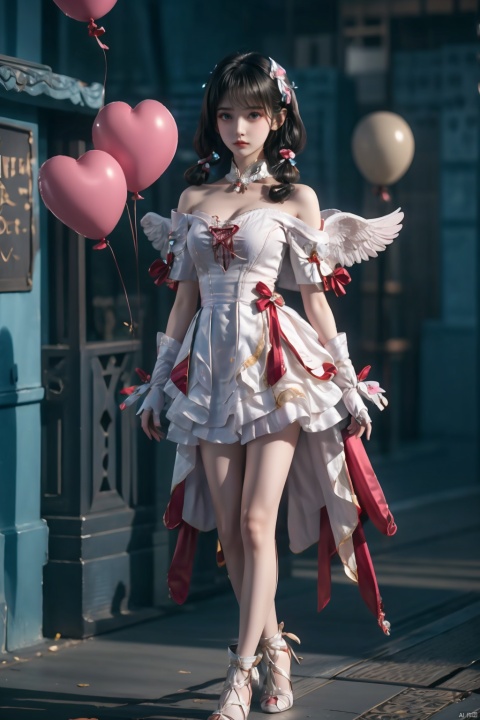  1girl, solo, dress, balloon, white dress, pink hair, long hair, twintails, blue eyes, bow, off-shoulder dress, gloves, bangs, wings, white gloves, very long hair, bare shoulders, hair bow, short sleeves, holding, parted lips, white wings, hair ornament, barefoot, looking at viewer, off shoulder, puffy short sleeves, bandaid, bandaid on leg, puffy sleeves, blush, white bow, wing hair ornament, holding balloon, collarbone, full body