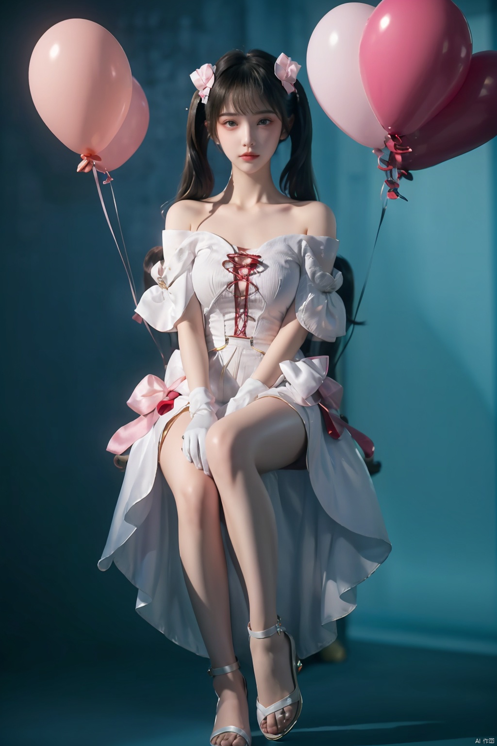  1girl, solo, dress, balloon, white dress, pink hair, long hair, twintails, blue eyes, bow, off-shoulder dress, gloves, bangs, wings, white gloves, very long hair, bare shoulders, hair bow, short sleeves, holding, parted lips, white wings, hair ornament, barefoot, looking at viewer, off shoulder, puffy short sleeves, bandaid, bandaid on leg, puffy sleeves, blush, white bow, wing hair ornament, holding balloon, collarbone, full body