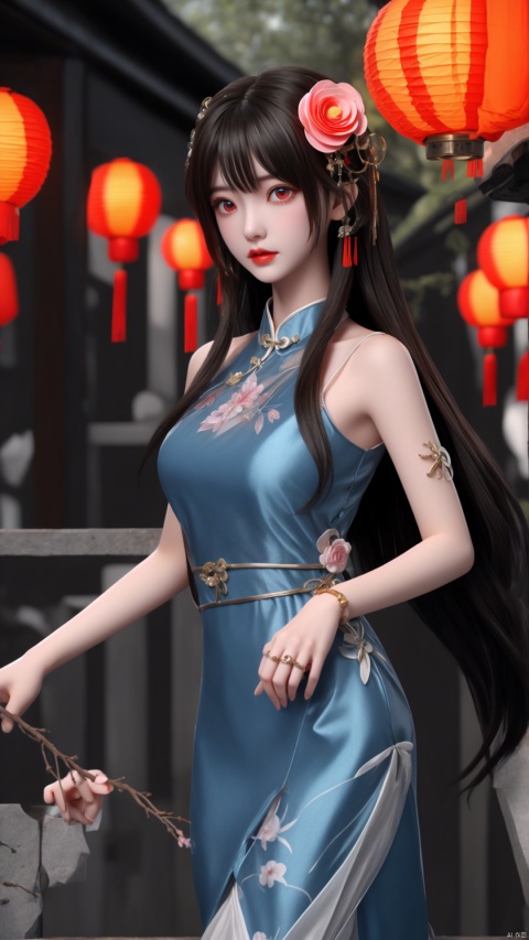  artist mmd, 1girl, solo, dress, lantern, flower, hair ornament, blue dress, red eyes, chinese clothes, hair flower, paper lantern, black hair, bangs, see-through, branch, brown hair, standing, hair rings, long hair