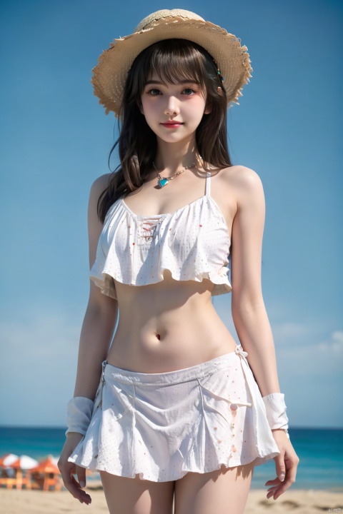  1girl, outdoors, solo, swimsuit, hat, bikini, navel, beach, food, frills, ice cream, holding, long hair, blue eyes, frilled bikini, looking at viewer, day, necklace, white bikini, stomach, :3, ocean, bare shoulders, sunlight, standing, jewelry, cowboy shot, sun hat, sky, bangs, collarbone, smile, polka dot, closed mouth, heart, bare arms, water, bikini skirt, cloud, blush, straw hat, see-through, blue sky, ice cream cone, thighs, holding food, sand