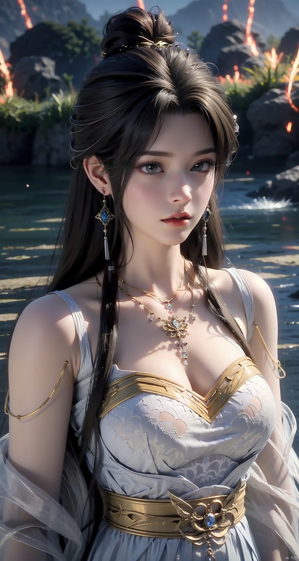  1girl,Bangs, off shoulder, colorful_hair, ((colorful hair)),golden dress, yellow eyes, chest, necklace, pink dress, earrings, floating hair, jewelry, sleeveless, very long hair,Looking at the observer, parted lips, pierced,energy,electricity,magic,tifa,sssr,blonde hair,jujingyi, wangyushan, dofas, 1 girl,Above calf