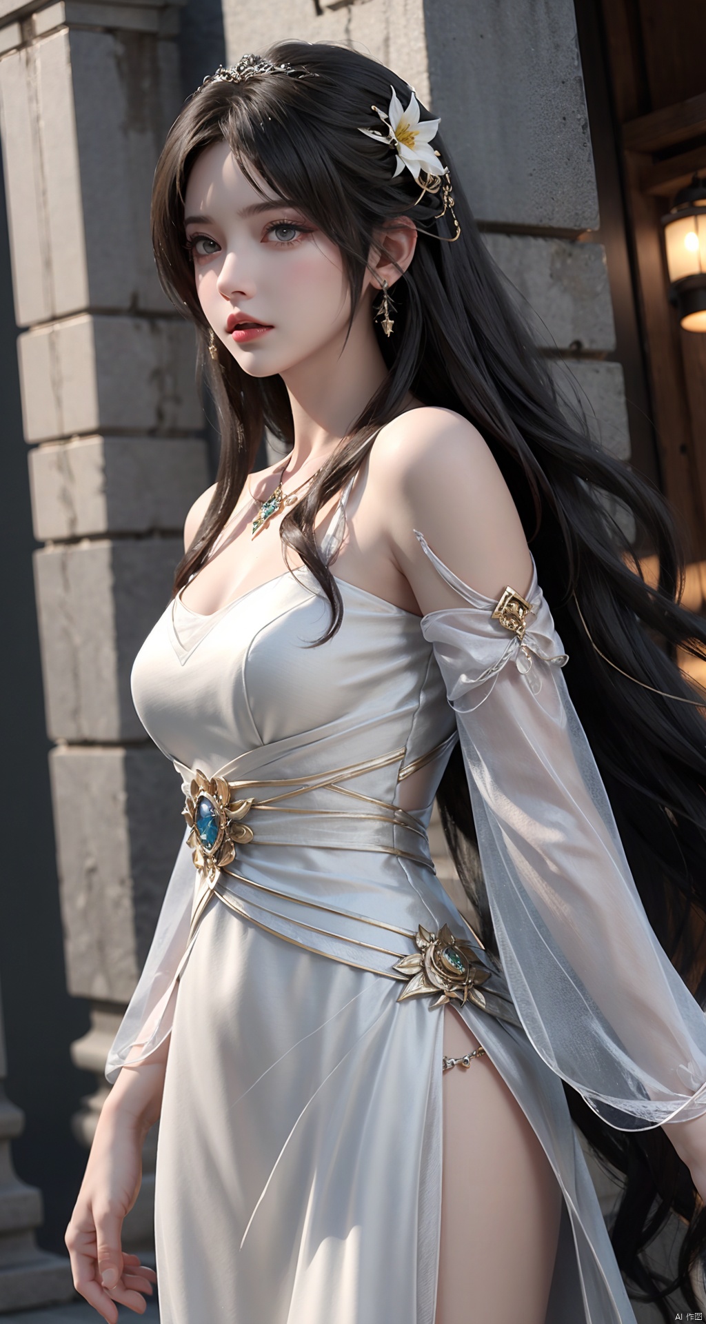  DaoTeGC,white dress,Epic CG masterpiece,hdr,dtm,8K,ultra detailed graphic tension,dynamic poses,stunning colors,3D rendering,surrealism,cinematic lighting effects,realism,00 renderer,super realistic,super vista,HD,DaoTeGC,jewelry,flower,detached sleeves,floating hair,white dress, Hanama wine, midjourney, BJ_Violent_graffiti, yunqing, 30710