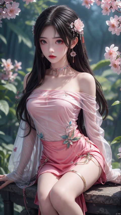  A girl,silk,cocoon,spider web,Solo,Complex Details,Color Differences,Realistic,(Moderate Breath),Off Shoulder,Eightfold Goddess,Pink Long Hair,White Headwear,Hair Above One Eye,Green Eyes,Earrings,Sharp Eyes,Perfect Fit,Choker,Dim Lights,cocoon,transparent,jiBeauty,1girl,flowers,mtianmei,Look at the camera.,flowing skirts,Giant flowers, pld,(((Above calf)))