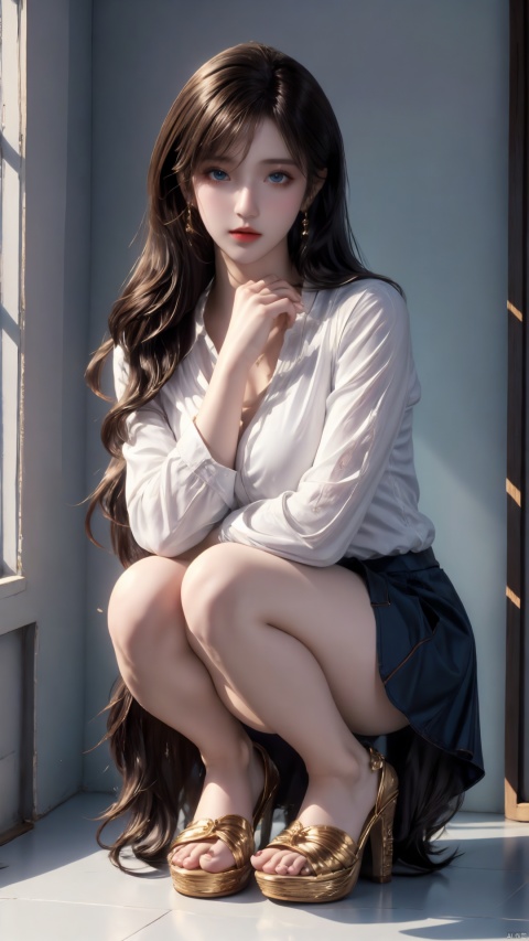  girl, single, long hair, looking at audience, blue eyes, skirt, blonde hair, shirt, long sleeves, full body, separated lips, high heels, lips, toes, sandals, squat, white shoes, gilded shirt, toenail, realistic, toeless shoes, Pantyhose, mirror