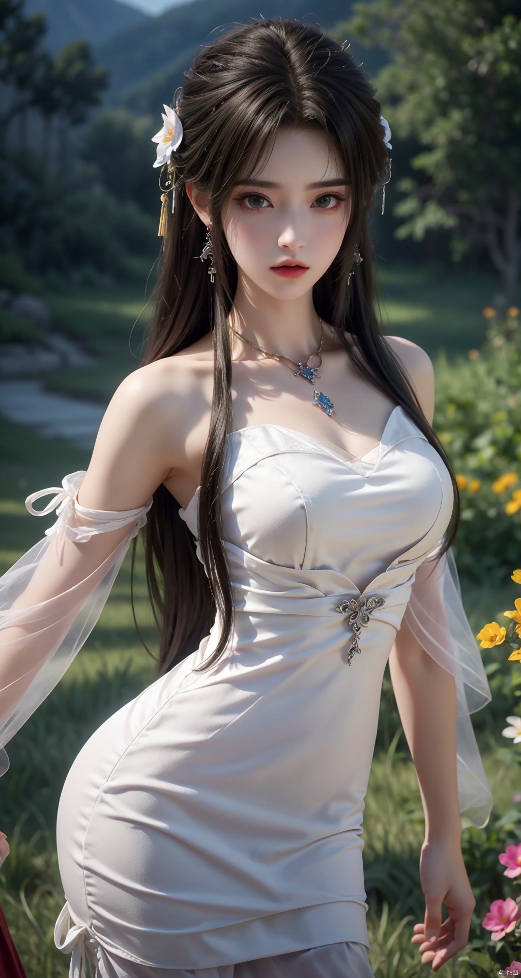  DaoTeGC,white dress,Epic CG masterpiece,hdr,dtm,8K,ultra detailed graphic tension,dynamic poses,stunning colors,3D rendering,surrealism,cinematic lighting effects,realism,00 renderer,super realistic,super vista,HD,DaoTeGC,jewelry,flower,detached sleeves,floating hair,white dress, Hanama wine, midjourney, BJ_Violent_graffiti, yunqing, 30710