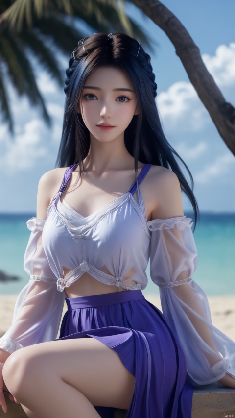  girl, single, long hair, chest, looking at the audience, blushing, smiling, open mouth, bangs, blue eyes, skirt, shirt, dark hair, hair trim, long sleeves, bare shoulders, oblique tail, medium chest, sitting, blue hair, white shirt, flowers, d, side hair, multicolor hair, outdoors, frills, separated sleeves, sky, sky, clouds, hair flowers, Purple skirt, water, tree, blue sky, transparent, bare legs, feet out of frame, ocean, beach, frilled skirt, red flowers, high-waisted skirt, yellow flower, sand, palm trees, horizon, hibiscus, perspective sleeves
