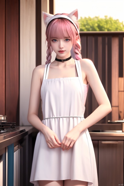  1 girl, solo, long hair,watching audience, bangs, blue eyes, animal ears, cleavage, bare shoulders, standing, collarbone, apron, pink hair, braids, thighs, cowboy shooting, outdoor, parted lips, choker, day, cat ears, blunt bangs, lips, animal ear fluff, white nude apron., purdress