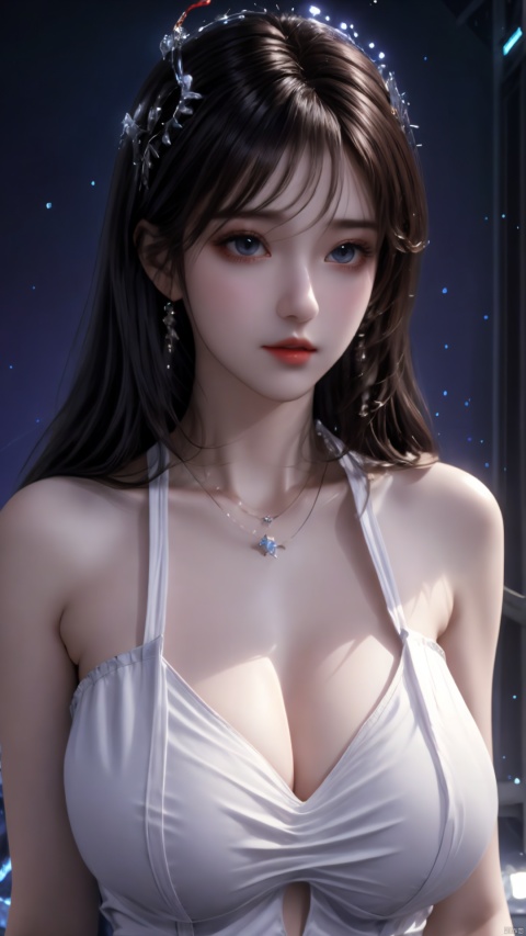 A girl, fair skin, upper body, long white hair, huge breasts, gazing at the audience, strapless harnesses, internet phoenix hair ornaments, purple white, white theme, halo, bright and bright sci-fi background, futuristic technology, particle effects, light, Network Phoenix Crown Jewelry
