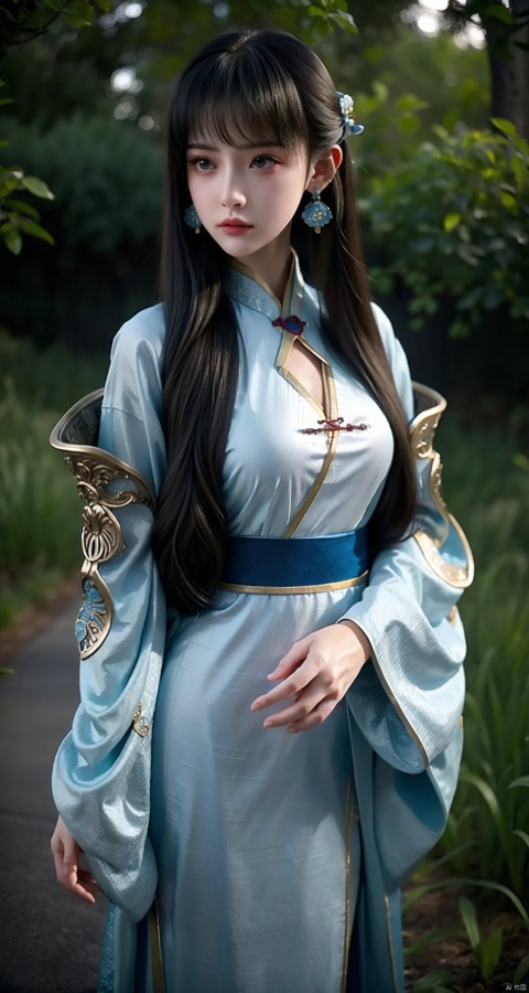  1girl,sole_female,standing,blue,
((upper_body:0.9)),full breasts, (medium breasts:1.2),long hair,eyes,Colored pupil,earrings,jewelry,earrings,jewelry, face focus, (perfect face), shiny skin, 
blue dress,(cloud pattern print hanfu),blue hanfu,see through clothes,
forest, night background,metal,water, wet, 
masterpiece, best quality,depth of field, cinematic composition, best lighting,light master,RAW photo, dslr, film grain, Fujifilm XT3, night shot, light master,Hosino, Face Score, MAJICMIX STYLE, daxiushan,daxiushan style,hanfu,