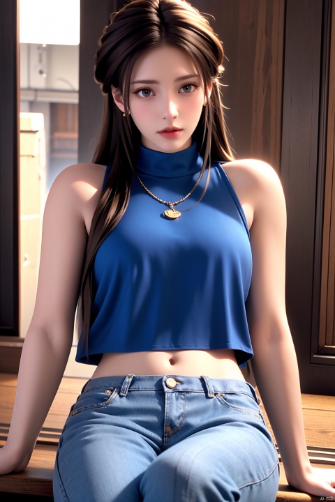 1girl,solo,perfect face,look at viewer,sitting,
bangs,brown hair,grey eyes,
lips,jewelry,necklace,bare shoulders,sleeveless,turtleneck,shirt,large breasts,bralines,covered navel,denim,jeans,blue pants,tight,pantylines,thigh gap,
masterpiece,best quality,highly detailed,Above calf