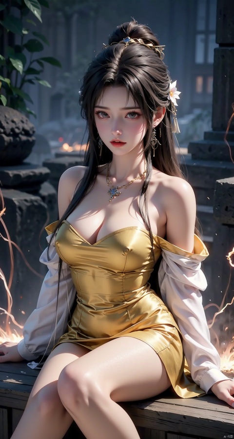  1girl,Bangs, off shoulder, colorful_hair, ((colorful hair)),golden dress, yellow eyes, chest, necklace, pink dress, earrings, floating hair, jewelry, sleeveless, very long hair,Looking at the observer, parted lips, pierced,energy,electricity,magic,tifa,sssr,blonde hair,jujingyi, wangyushan, dofas, 1 girl，Above calf，Red foot rope，