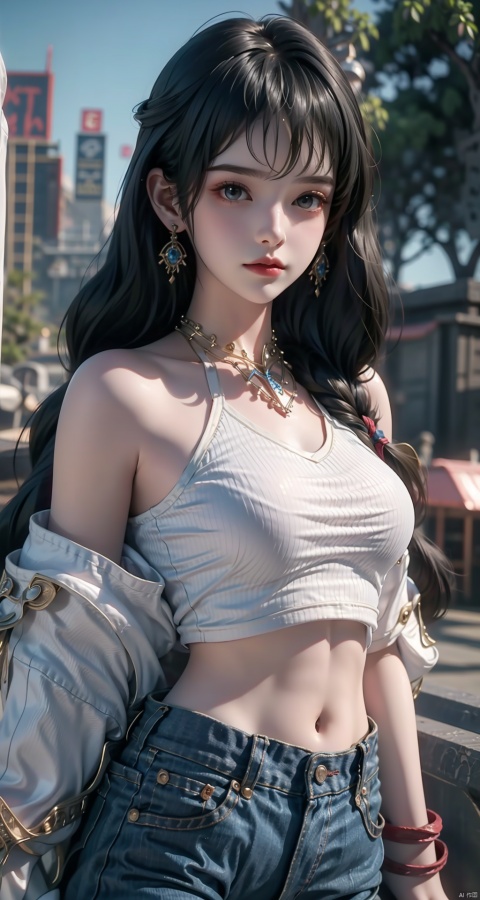 1girl, solo, long hair, breasts, looking at viewer, smile, blonde hair, shirt, navel,  bare shoulders, brown eyes, jewelry, medium breasts, closed mouth, standing, collarbone, braid, cowboy shot, earrings, outdoors, day, midriff, pants, necklace, blurry, bracelet, tree, lips, crop top, blurry background, tank top, denim, hair over shoulder, forehead, bubble, jeans, red lips