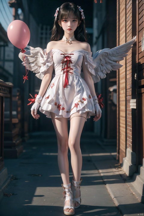  1girl, solo, dress, balloon, white dress, pink hair, long hair, twintails, blue eyes, bow, off-shoulder dress, gloves, bangs, wings, white gloves, very long hair, bare shoulders, hair bow, short sleeves, holding, parted lips, white wings, hair ornament, barefoot, looking at viewer, off shoulder, puffy short sleeves, bandaid, bandaid on leg, puffy sleeves, blush, white bow, wing hair ornament, holding balloon, collarbone, full body