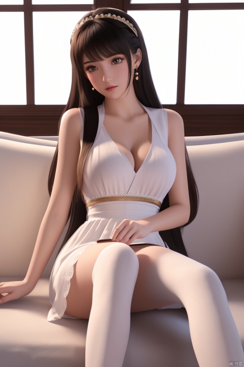  detailed background,8K, high quality, beautiful wallpaper, high detail,1girl, solo, long hair, breasts, looking at viewer, black hair, hair ornament, thighhighs, dress, cleavage, bare shoulders, sitting, full body, earrings, indoors, white dress, high heels, white thighhighs, clothing cutout, cleavage cutout, curtains, couch, on couch,(crossed legs:1.2)