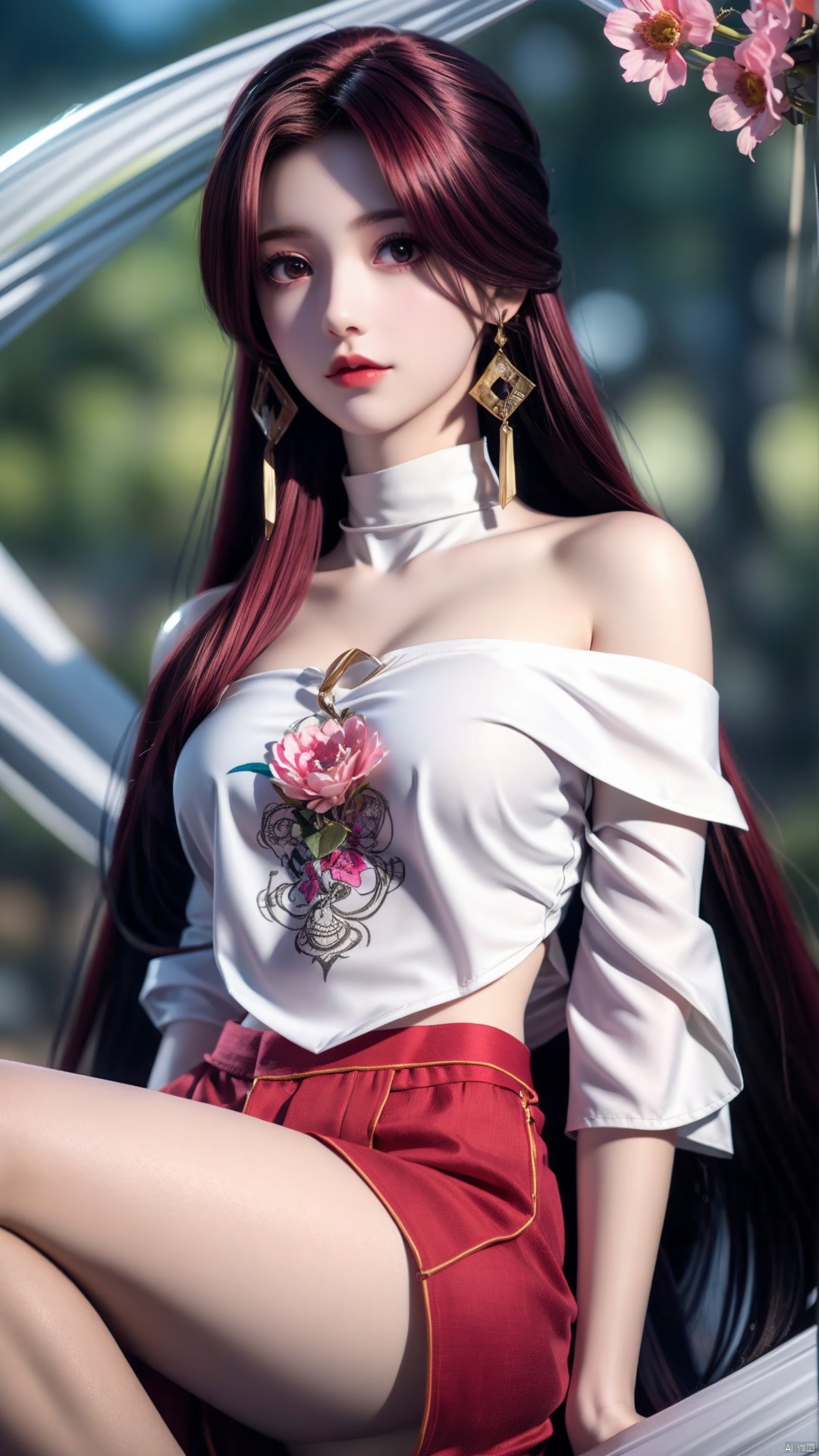  A girl,silk,cocoon,spider web,Solo,Complex Details,Color Differences,Realistic,(Moderate Breath),Off Shoulder,Eightfold Goddess,Pink Long Hair,White Headwear,Hair,Earrings,Perfect Fit,Choker,Dim Lights,cocoon,transparent,jiBeauty,1girl,flowers,mtianmei,Look at the camera.,flowing skirts,Giant flowers,pld,(((Above calf)))