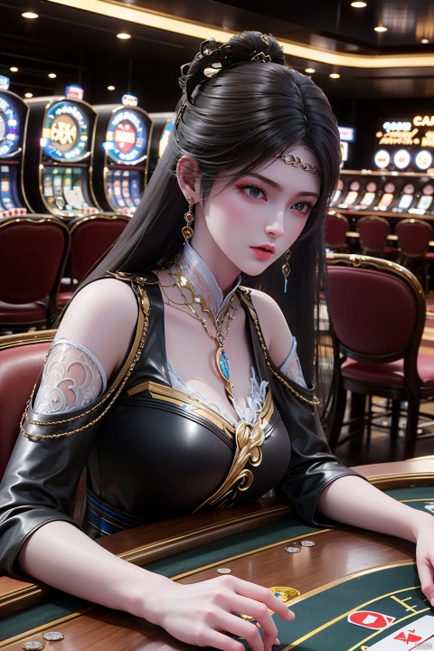  1 Girls in casinos, long hair, black leather, beautiful cleavage, poker, many poker, poker, wide-angle camera, gambling table, lobby, high-quality masterpiece,