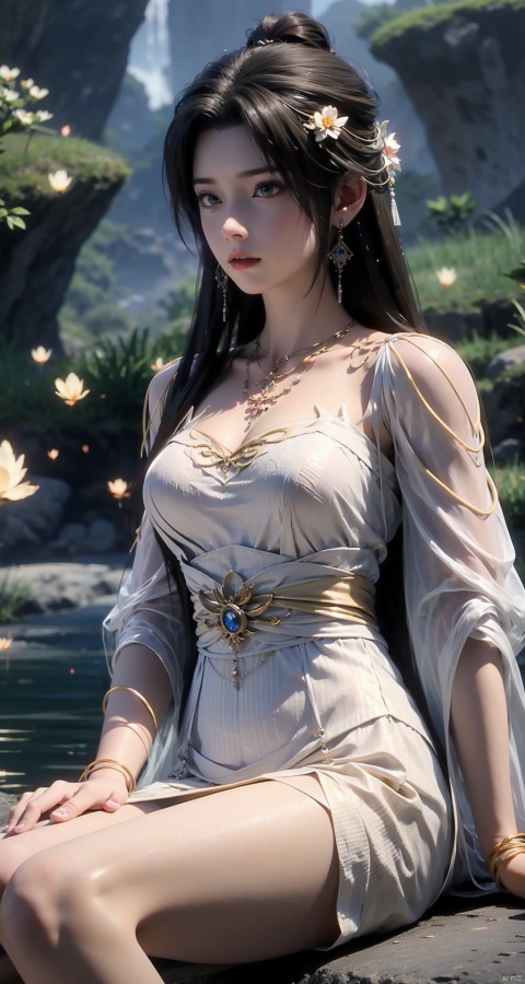  1girl,Bangs, off shoulder, colorful_hair, ((colorful hair)),golden dress, yellow eyes, chest, necklace, pink dress, earrings, floating hair, jewelry, sleeveless, very long hair,Looking at the observer, parted lips, pierced,energy,electricity,magic,tifa,sssr,blonde hair,jujingyi, wangyushan, dofas, 1 girl，Above calf，Red foot rope，