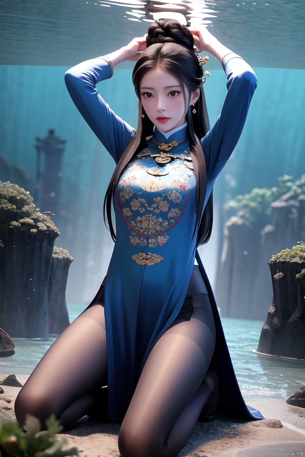 1girl,underwater,submerged,floating hair,air bubble,holding breath,see-through,masterpiece,best quality,highly detailed,fish,(wide hip:1.2),jellyfish,earrings,hair ornament,sea weed,coral reef,shark,sea turtle,sexy pose,kneeling,chinese dress,chinese clothes,big breasts,(looking at viewer:1.2),black pantyhose,arms up,torn pantyhose,