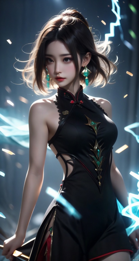  1girl, Short hair, floating hair, perfect, Earrings,energy,glowing,diffractionspikes,ejaculation,electricity,cheongsam,magic,tarrysky, forehead mark, (\shuang hua\), bsx