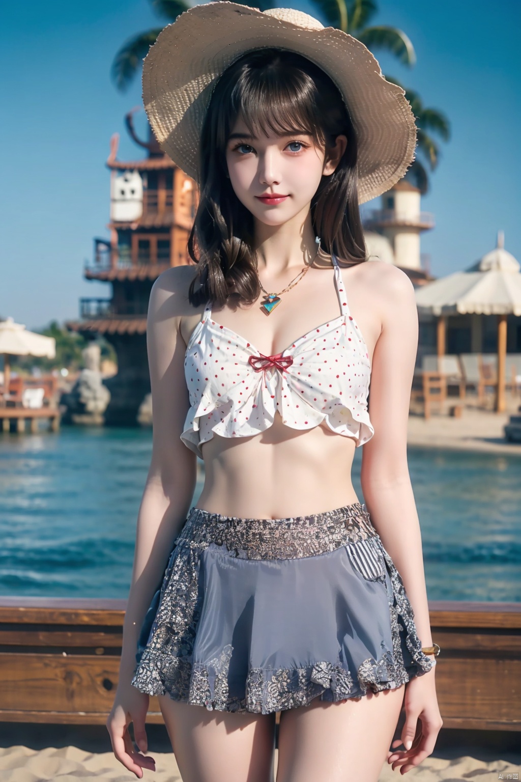  1girl, outdoors, solo, swimsuit, hat, bikini, navel, beach, food, frills, ice cream, holding, long hair, blue eyes, frilled bikini, looking at viewer, day, necklace, white bikini, stomach, :3, ocean, bare shoulders, sunlight, standing, jewelry, cowboy shot, sun hat, sky, bangs, collarbone, smile, polka dot, closed mouth, heart, bare arms, water, bikini skirt, cloud, blush, straw hat, see-through, blue sky, ice cream cone, thighs, holding food, sand