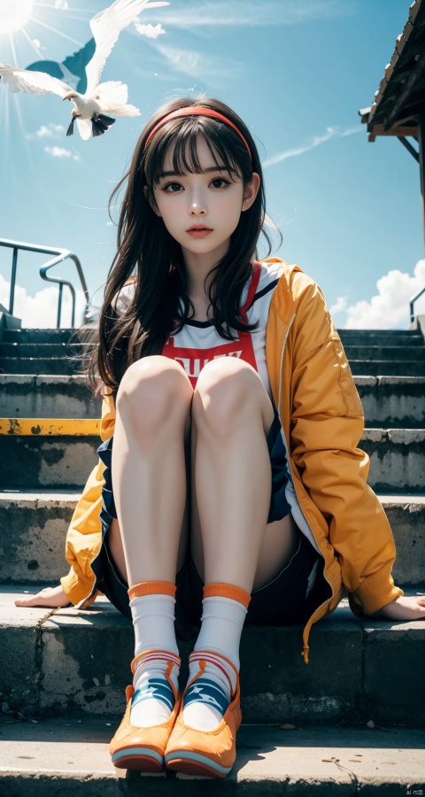  1girl,orange shoes,(solo:1.2),sitting,sky,outdoors,bird,upward view,blue sky,white socks,daytime,orange jacket,building,long sleeves,long hair,stairs,red headband,headband,bangs,cloudy sky,from_below,wide_shot,in (summer:1.2),(against backlight at dusk:1.4)