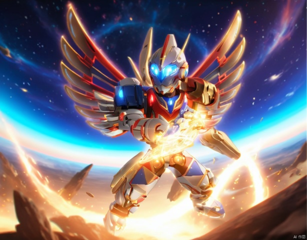 (Gold and blue Mechs, red glowing weapons in their hands, ready for battle), masterpiece, extremely detailed, insanely detailed, realistic, full screen, male focus, sky, no humans, glowing, moon, sky, science fiction, space, planet, earth, planet, tokusatsu, ultraman, Planetary apocalypse scene