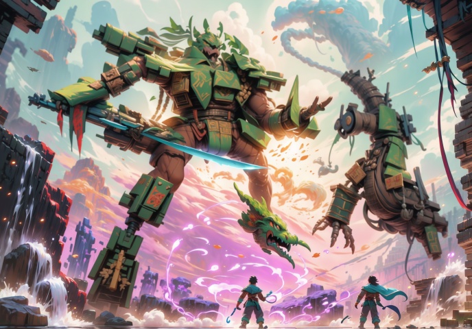Ultra wide angle shooting, （A green Mecha wields a knife, and a green dragon descends from the sky：1.5） handsome, with gestures forming spells, martial arts and fairy tale atmosphere, carrying a sky filled with water vapor, game characters, water waves, without looking at the camera, writing calligraphy, surrounded by long and transparent scrolls, floating transparent Hanzi, dynamic action style, rotation, magical realism, dynamic action style, the highest quality, masterpiece, CG, HDR, high-definition, extremely fine, detailed face Superheroes, heroes, detail ultra high definition, OC rendering, zhu