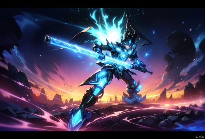 （A dark green glowing mech wielding a blue wand falls out of a cloud-covered blue sky onto a mountain and explodes on impact with stones.）, Ultra wide angle shooting, martial arts and fairy tale atmosphere, game characters, dynamic action style, rotation, magical realism, the highest quality, masterpiece, CG, HDR, high-definition, extremely fine, detailed face Superheroes, detail ultra high definition, OC rendering, Chinese landscape, antique building, Clouds, 2D ConceptualDesign, No obstructions in the background, Velocity strip, Coloured sunset, Strong contrast, Do not appear long legs, Stone explosion, explode！explode！concise,Background shock,, Magic Circle, hezi