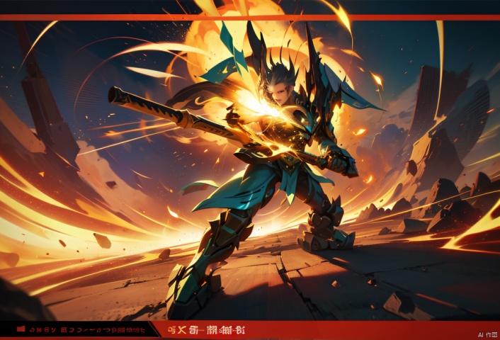 （A dark green glowing mech wielding a blue wand falls out of a cloud-covered blue sky onto a mountain and explodes on impact with stones.）, Ultra wide angle shooting, martial arts and fairy tale atmosphere, game characters, dynamic action style, rotation, magical realism, the highest quality, masterpiece, CG, HDR, high-definition, extremely fine, detailed face Superheroes, detail ultra high definition, OC rendering, Chinese landscape, antique building, Clouds, 2D ConceptualDesign, No obstructions in the background, Velocity strip, Coloured sunset, Strong contrast, Do not appear long legs, Stone explosion, explode！explode！concise,Background shock,, Magic Circle, hezi, fire magic