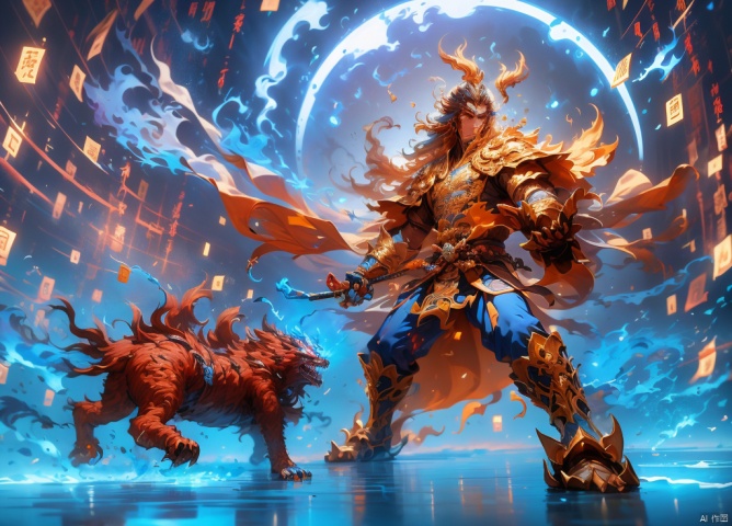 (On an empty Chinese-style battlefield, a Chinese teenager holds a weapon next to a fierce beast, and a bright blue sky glowed with blue light,), Ultra wide angle shooting, Hanfu, handsome, with gestures forming spells, martial arts and fairy tale atmosphere, carrying a sky filled with water vapor, game characters, writing calligraphy, surrounded by long and transparent scrolls, floating transparent Hanzi, dynamic action style, rotation, magical realism, dynamic action style, the highest quality, masterpiece, CG, HDR, high-definition, extremely fine,  detailed face Superheroes, heroes,  detail ultra high definition, OC rendering, Taoist runes,Blue background,, YeiyeiArt