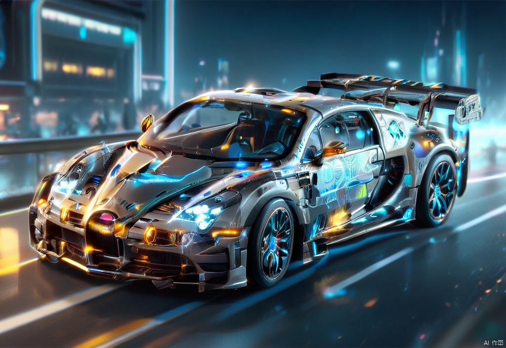 (A silver Bugatti sports car Bolide, Cyberpunk street track :1.6), Need for Speed, QQ Speed, Le Mans Racing, Racing Master, ground vehicle, ((masterpiece)), extremely detailed, highly detailed, insanely detailed, street shot! realistic, (((full screen)), Neon car, streetscape, RPG, ZOTAC, holding a futuristic assault rifle, wielding a futuristic assault rifle