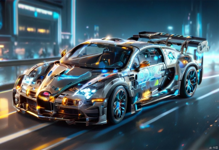 (A silver Bugatti sports car Bolide, Cyberpunk street track :1.6), Need for Speed, QQ Speed, Le Mans Racing, Racing Master, ground vehicle, ((masterpiece)), extremely detailed, highly detailed, insanely detailed, street shot! realistic, (((full screen)), Neon car, streetscape, RPG, ZOTAC, holding a futuristic assault rifle, wielding a futuristic assault rifle